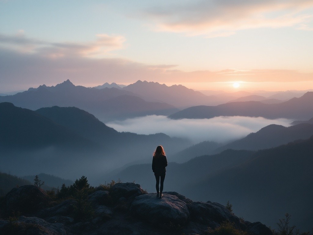 Une personne debout sur le sommet d'une montagne regardant un coucher de soleil sur une vallée