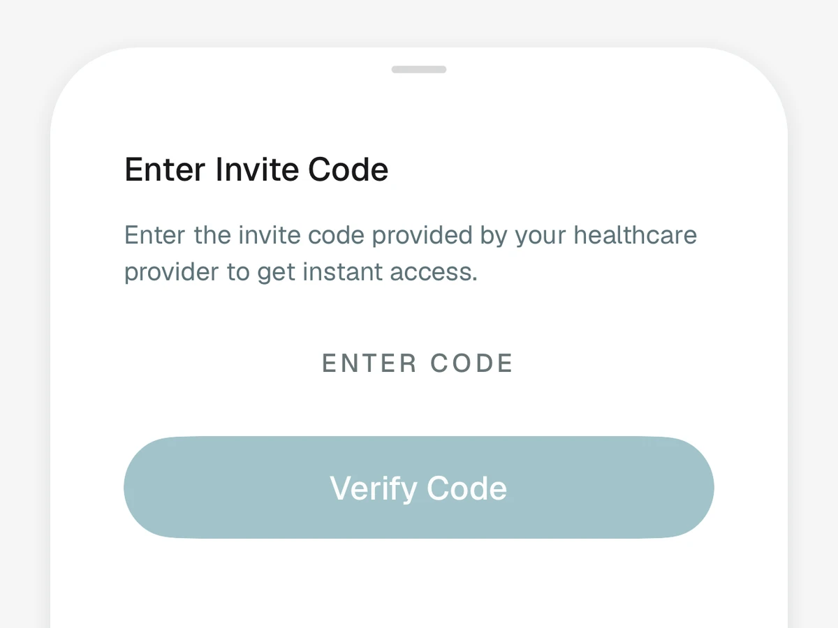 The invite code sheet in the Lena app: “Enter the invite code provided by your healthcare provider to get instant access,” with a field for the code and a Verify Code button.