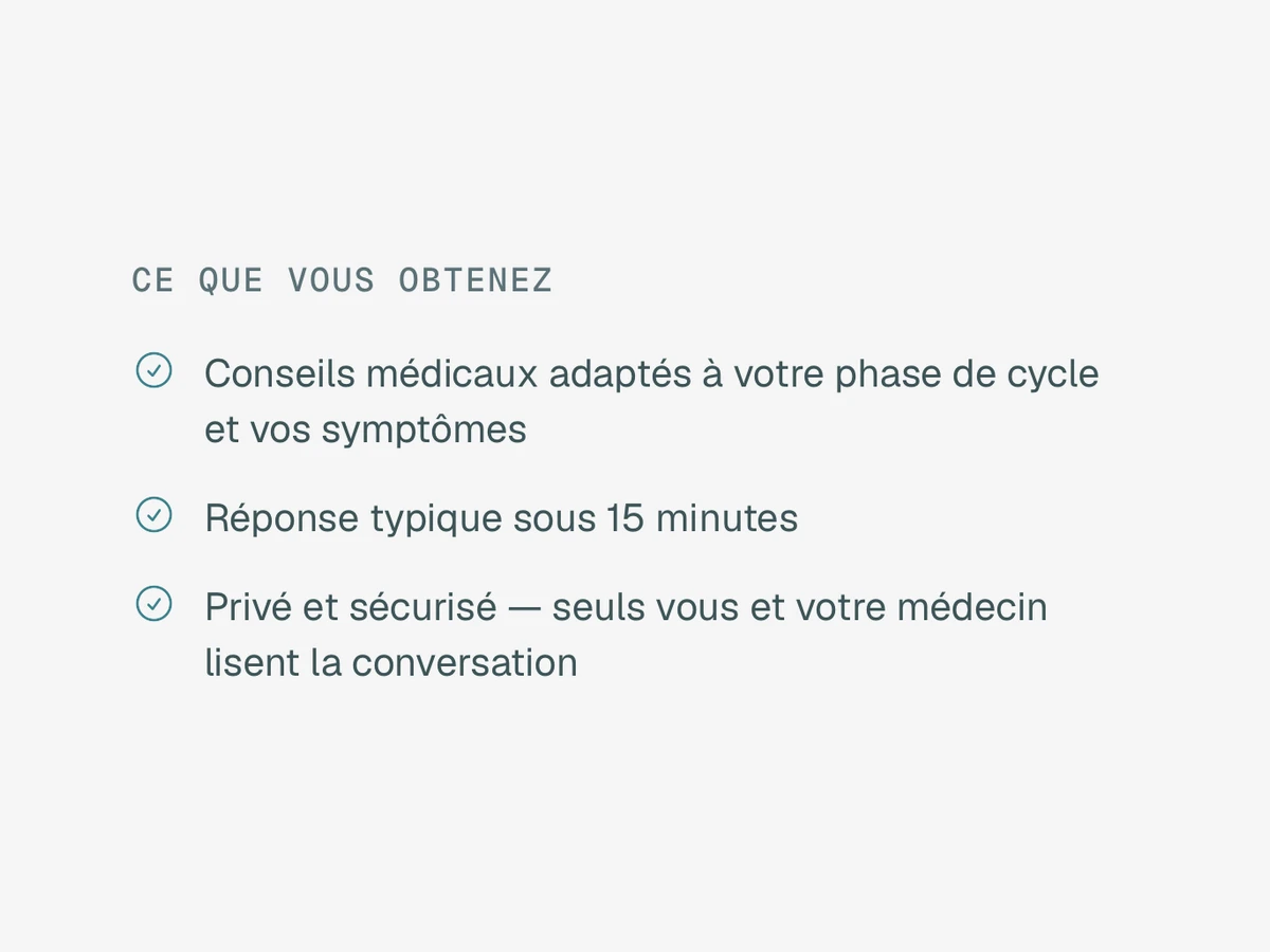 L’écran du chat médecin dans l’app Lena, rubrique « Ce que vous obtenez » : des conseils médicaux adaptés à votre phase de cycle et à vos symptômes, une réponse typique sous 15 minutes, et une conversation privée et sécurisée que seuls vous et votre médecin lisez.