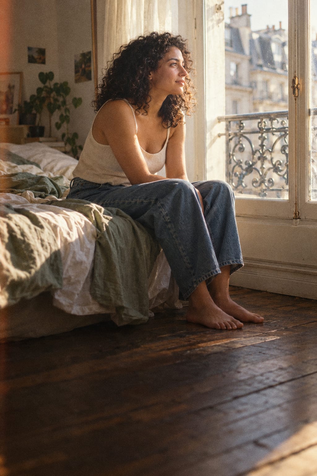 A young woman with dark curly hair sitting on the edge of an unmade bed in the morning light, looking out of a tall Paris window.