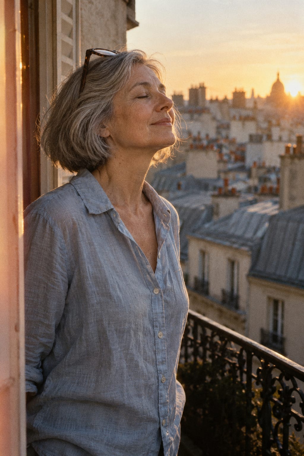 A woman in her fifties with a grey bob at an open balcony door at sunrise, eyes closed, Paris rooftops behind her.