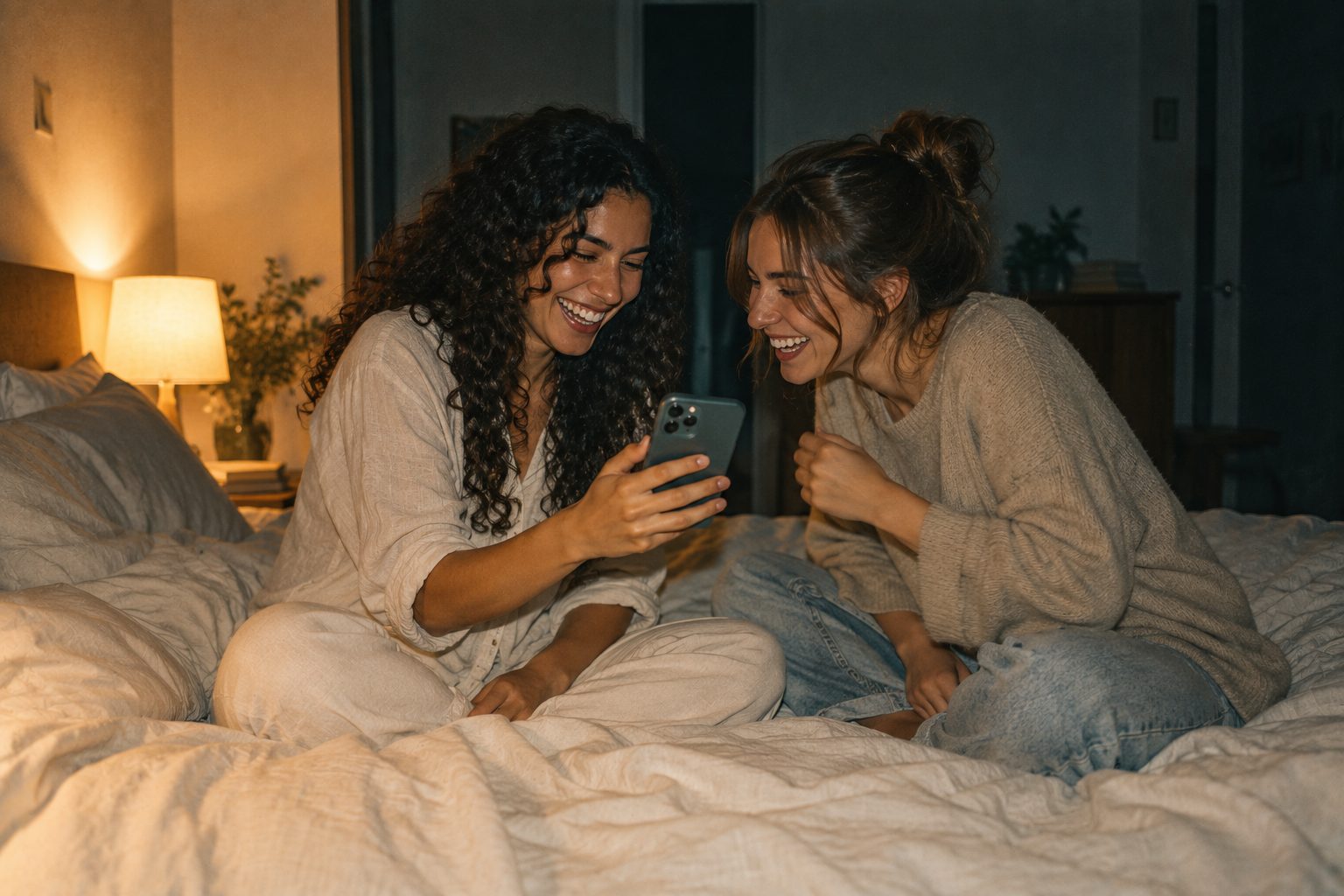 Two young women sitting cross-legged on a bed in lamplight, laughing at something on a phone.