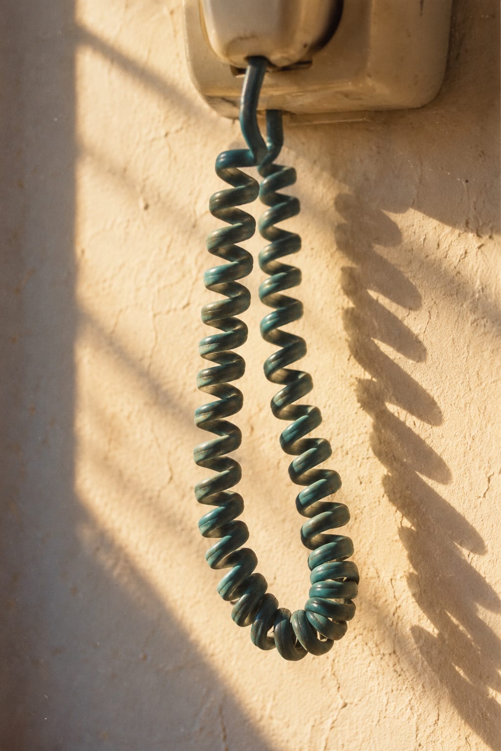 Le cordon spiralé bleu canard d’un vieux téléphone mural, contre un mur en plâtre baigné de soleil.