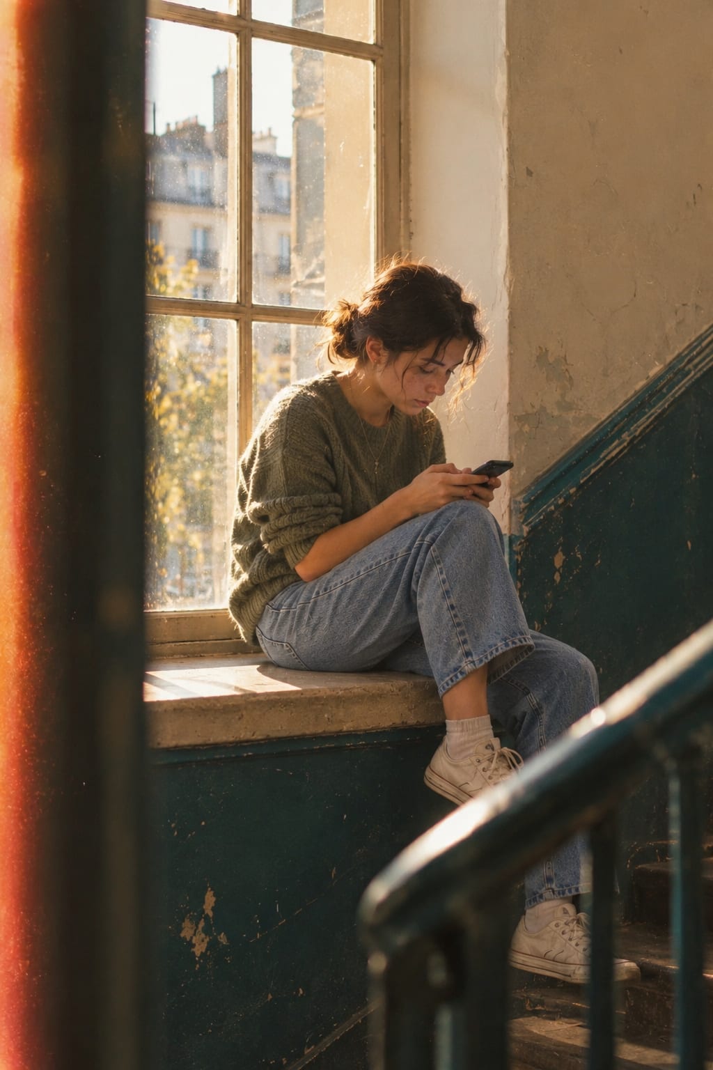 A young woman on her break, sitting on a sunlit stairwell window ledge, reading on her phone.
