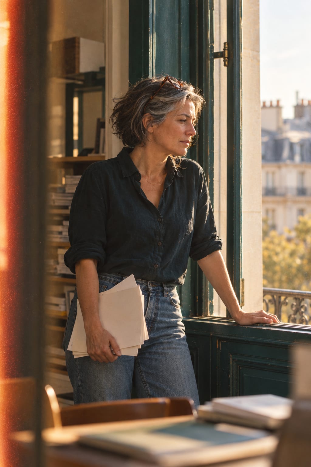A woman in her fifties with grey-streaked hair standing at an open office window, papers in hand.