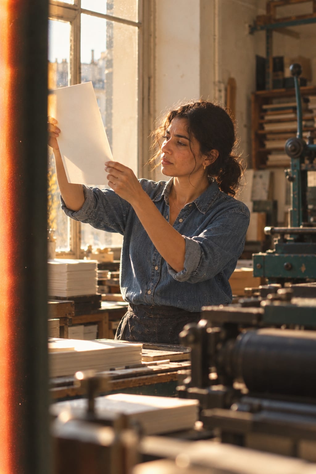 A woman in a denim shirt holding a fresh print up to the window light in a print shop.